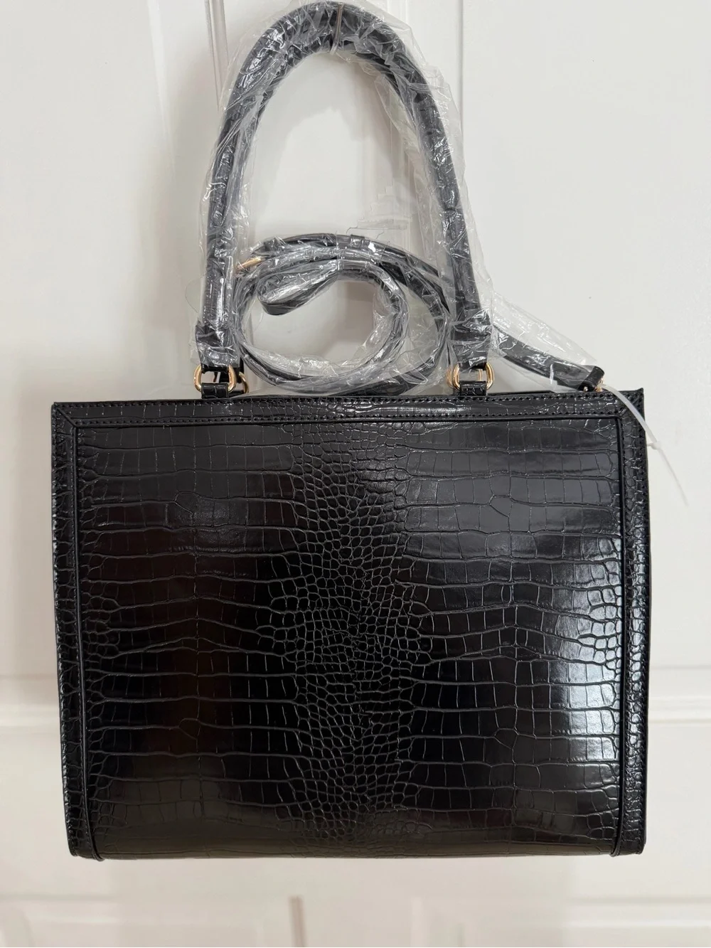 Anne Klein Black Croc-Embossed Satchel with Gold Hardware